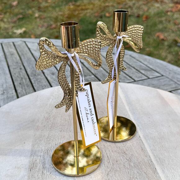 NEW Cupcakes and Cashmere Rhinestone Gold Bow Taper Candle Holders Set of 2 - Picture 6 of 10